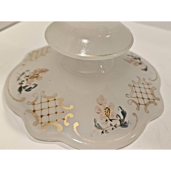 Vintage Frosted Glass Candlestick Holder Resting Dish Painted Flowers Scallop - Picture 2 of 6